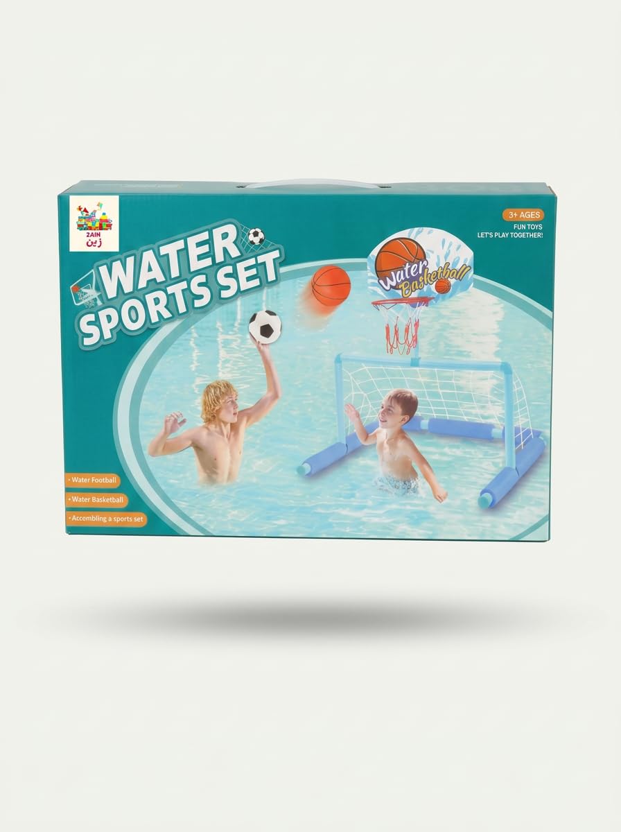 GHAZAL water sports set that includes a floating soccer goal and a basketball hoop for playing in the pool.