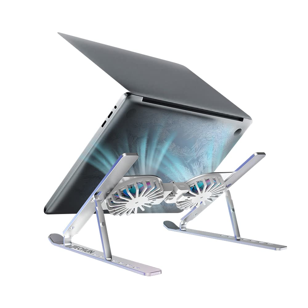 Portable Aluminum Laptop Stand With Cooling Fan, Adjustable Ergonomic Foldable Computer Riser, Anti-Slip, Compatible With 9-15.6 Inch Laptops, Silver