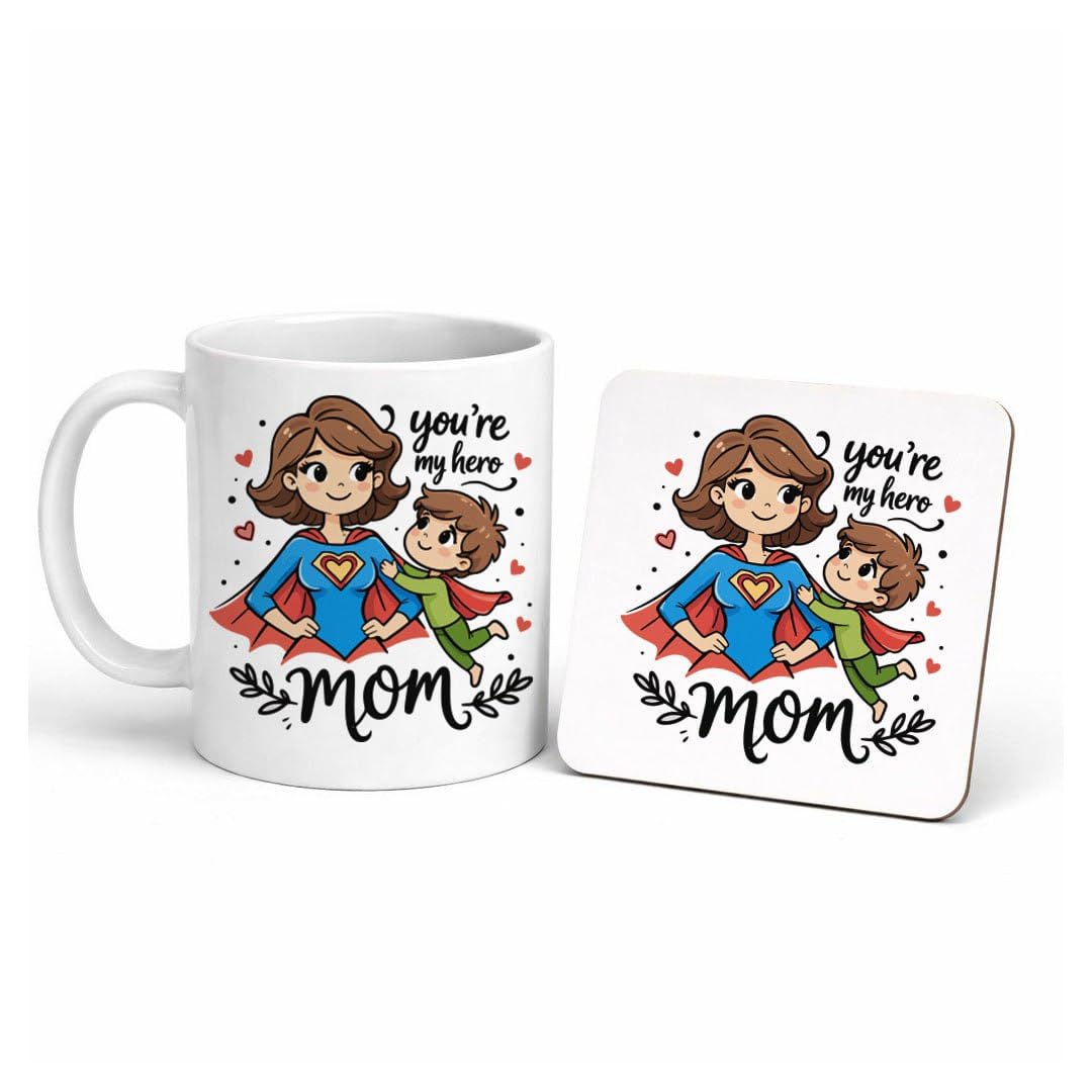You’re My Hero Mom Mug 350ml with Wooden Coaster – Super Mom Cartoon Coffee Cup Gift Set for Mother’s Day in Egypt