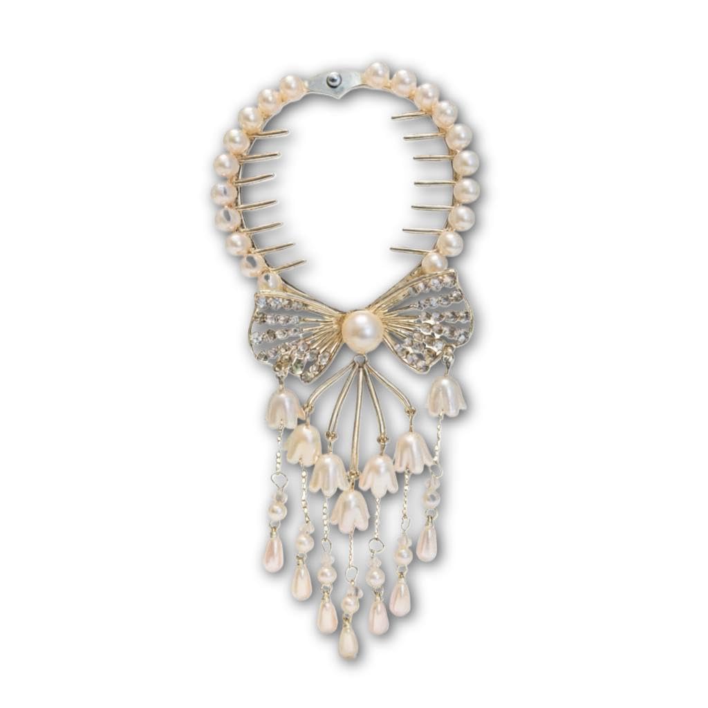 Gold Hair Clip - Bow Design with Pearl Flower Tassel and Rhinestone Embellished Details (model 2)