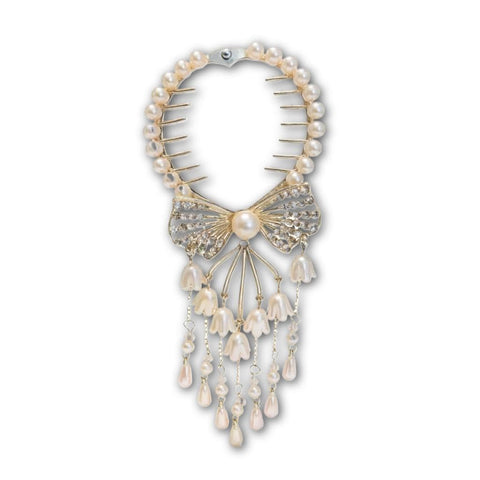Gold Hair Clip - Bow Design with Pearl Flower Tassel and Rhinestone Embellished Details (model 2)