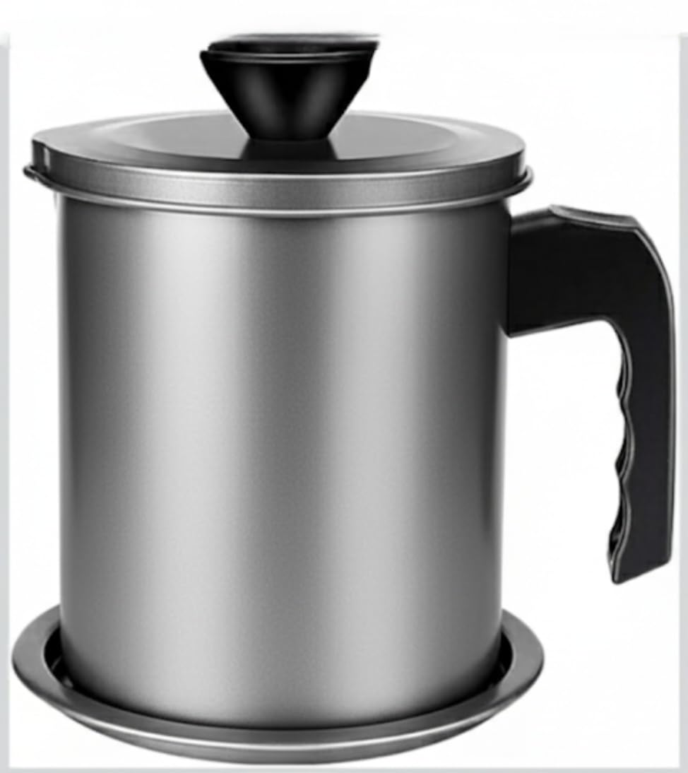 Downtown 1.7L Red Oil Strainer Pot with Stainless Steel Filter, Fine Iron Body Grease Container with Anti-Scalding Handle, Large Capacity Fat Keeper for Reusing Frying Oil at Home