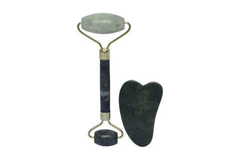 Jade Roller Anti-Aging Facial Massage with Gua Sha for Face and Body - Dark Green