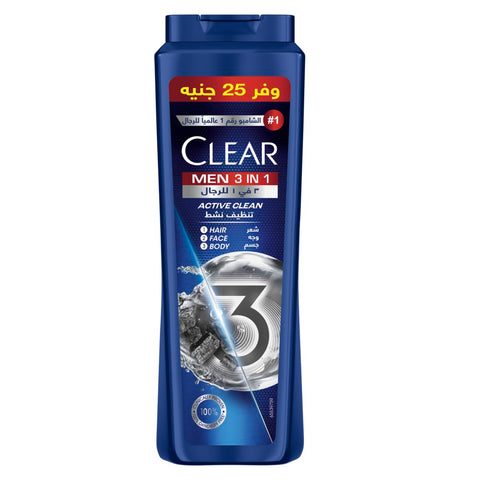 CLEAR Men 3in1 Shampoo for men, anti dandruff shampoo for Hair, Face & Body, Active Clean, 100% dandruff-free scalp, refreshed & moisturized skin, 550ML