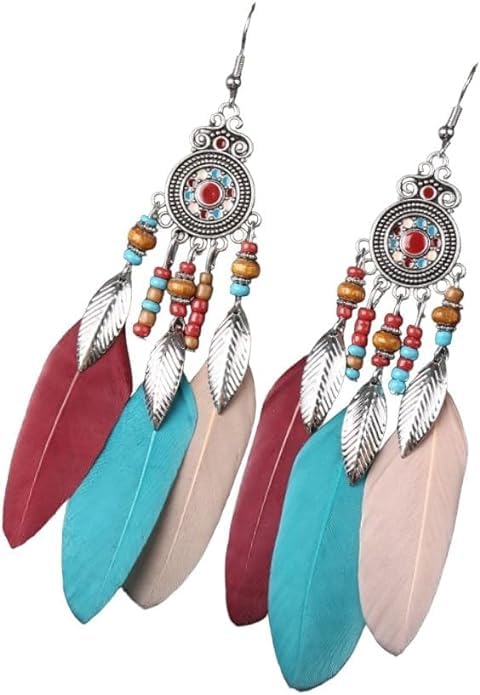 Showday Faux Feather Earrings Dream Catcher Earring Bohemian Fringe Tassel Long Drop Dangle Earrings Bohemian Ethnic Handmade Beaded Charms Earring for Women Girls Jewelry Gift