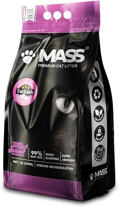 MASS Premium Cat Litter – White Bentonite, 100% Natural, 99% Dust Free, Quick Clumping, Super Absorbent (5L, Lavender)