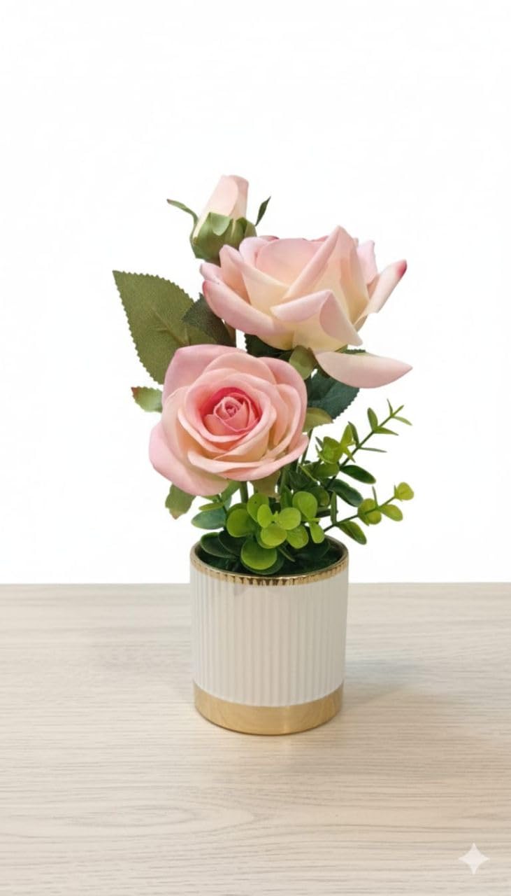 Artificial Flowers for Decor, Pink Roses with Green Leaves, Ceramic Vase with Gold Rim, 13x13x30 cm, Modern Home Decoration