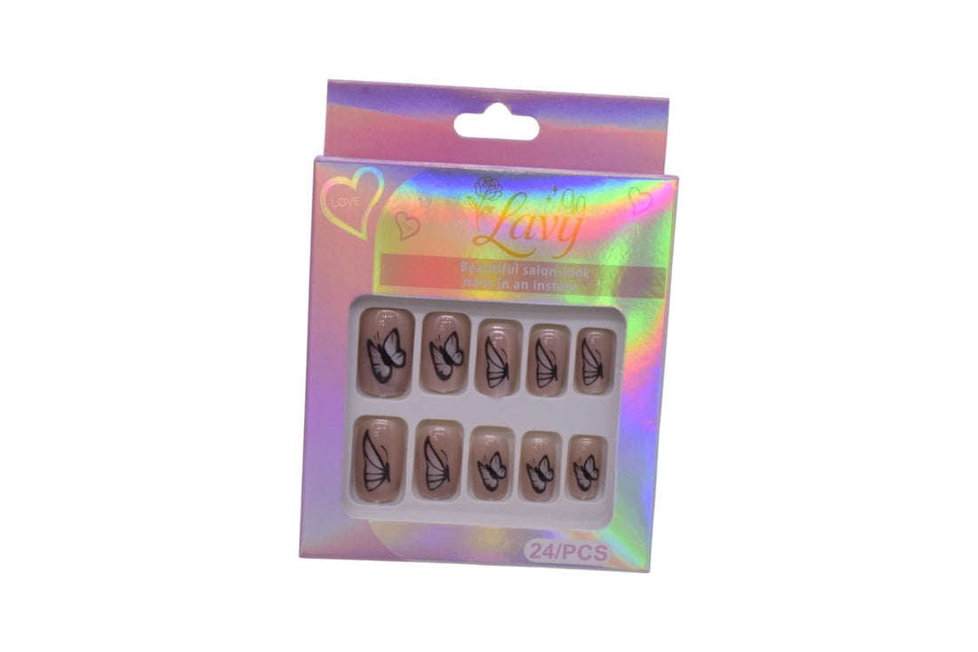 Lavy Butterfly Wing Design Press-On Mink Nails 24-Piece Set - Nude Black