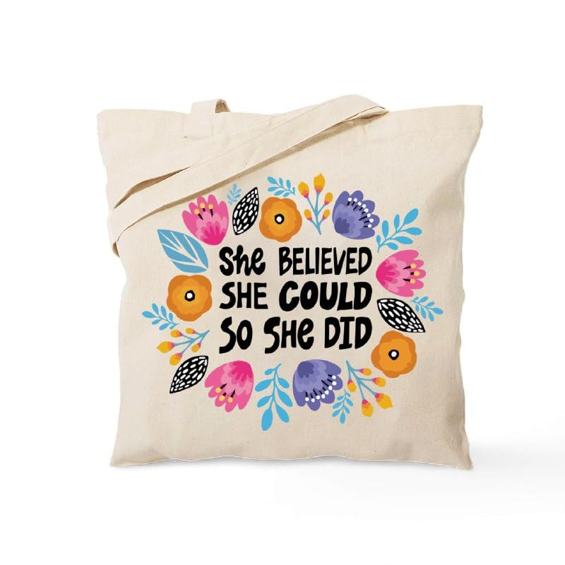 Cotton Tote Bag for women, 40x40 cm, off white with Gold Zipper, One sided printing, motivation design, She believed she could,Gift for her, We print your gift