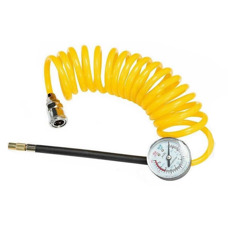 Coiled Air Compressor Hose, Flexible, Lightweight, Kink Resistant, with Pressure Gauge and Quick Connect Inflator Head for Car Tires (3 Meter Length) - KaberTrade