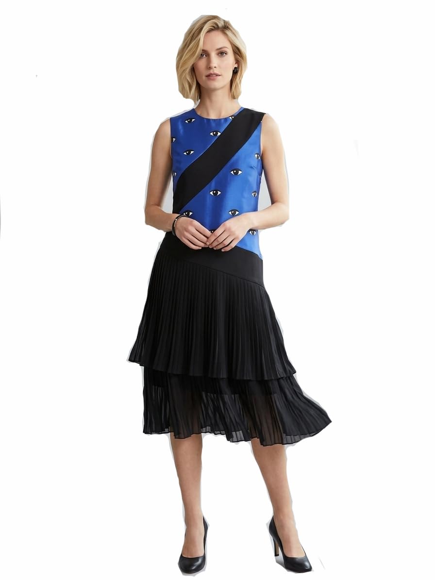 Women's and Teen Girls' Sleeveless Graphic Eye Print Midi Dress – Fully Lined Layered Pleated Skirt with Long Back Zipper, Casual Chic Dress for Young Ladies, (Length 95cm)
