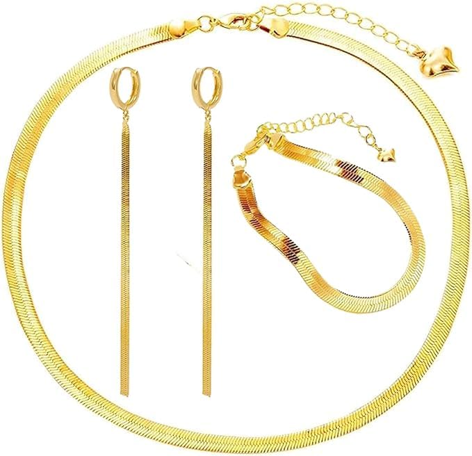 Fayrouz Jewellery 5mm Snake Chain 18K Gold Plated Flat Choker Bracelets Herringbone Dangle Earrings Dainty Simple Thick Adjustable Choker Accessories Set for Women Girls Stainless Steel, No Stones