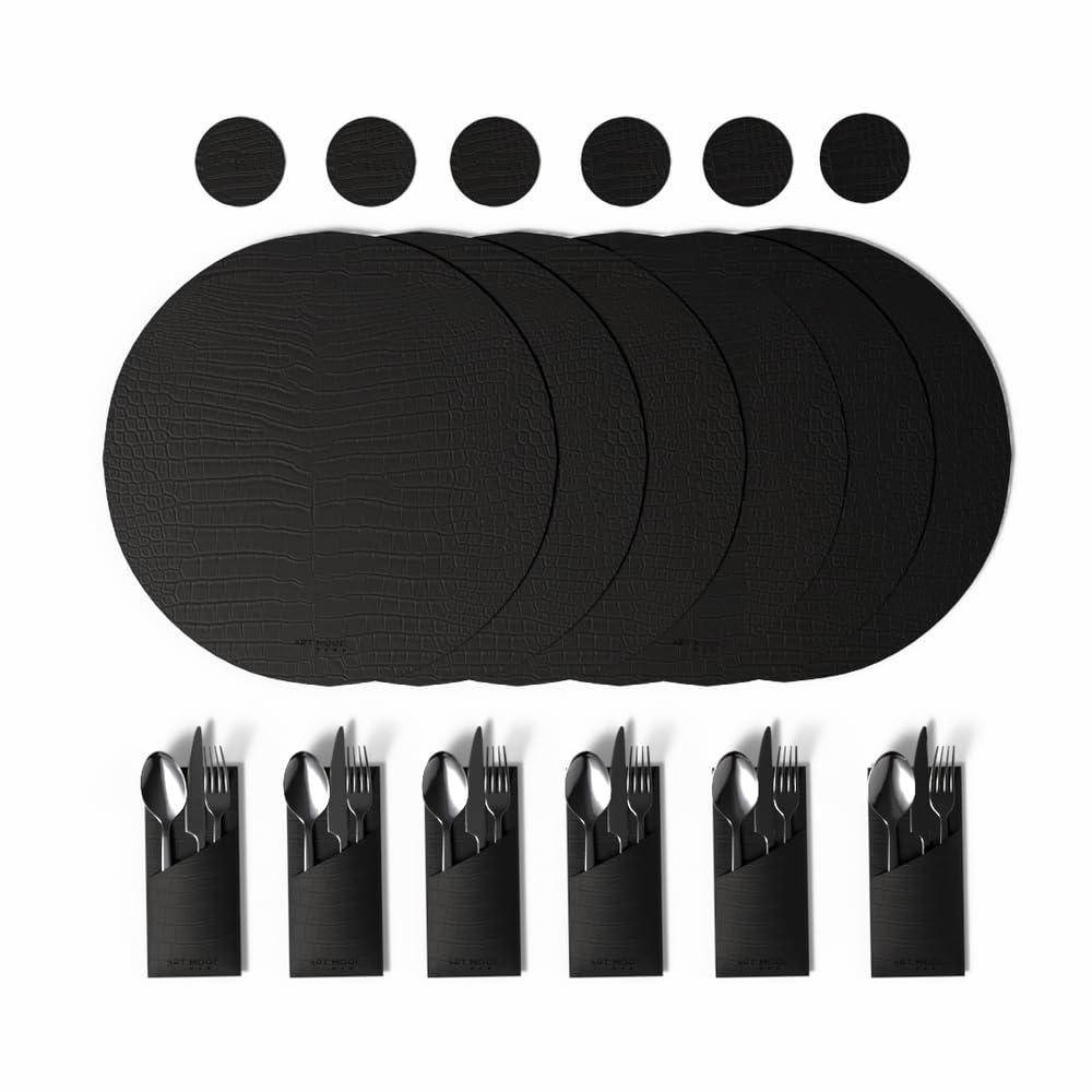 ART MOOD HOME Leather Placemat Set with Coasters And Holders - Faux Leather Dining Table Protection - Heat And Scratch Resistant - 6 Placemats, 6 Holders, 6 Coasters - Black