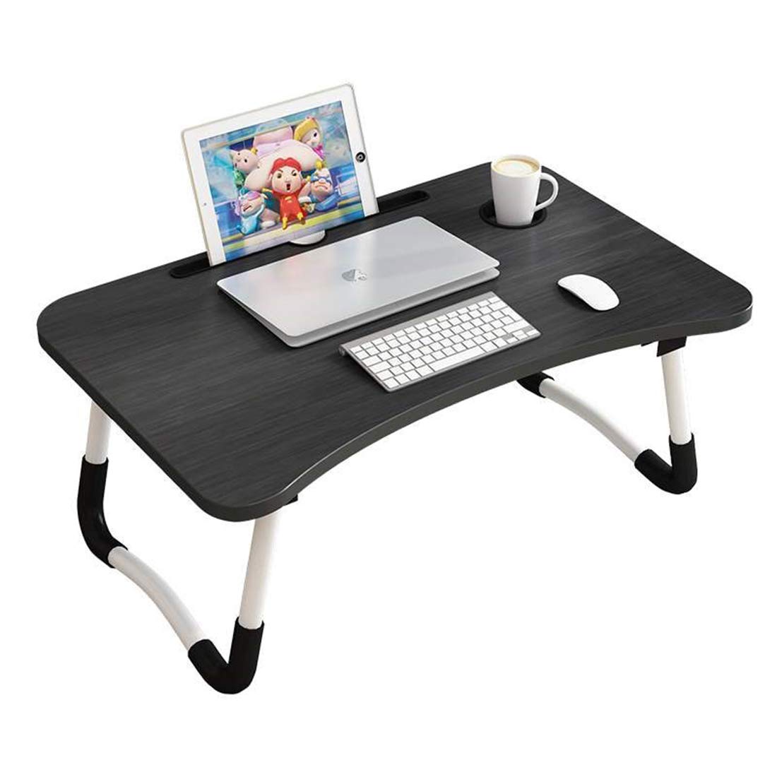 Folding Multi-Function Laptop Table,15.7â€ Tray Kids Writing Tablet with Ipad Holder/Cup Slot/Adjustable Anti-Slip Legs for Indoor Study Eating Reading or Watch Movies on Bed(Black