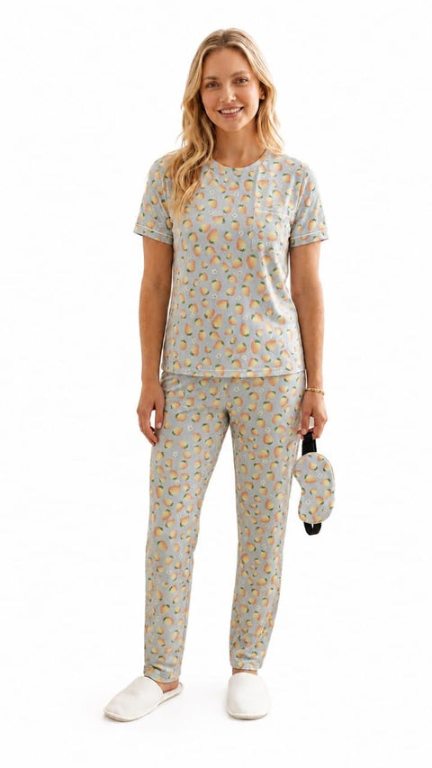 Women Summer 2 Piece Pajama Set (T-shirt and Pants) Soft Patterns Comfortable Everyday Wear with Stylish Sleep Glasses