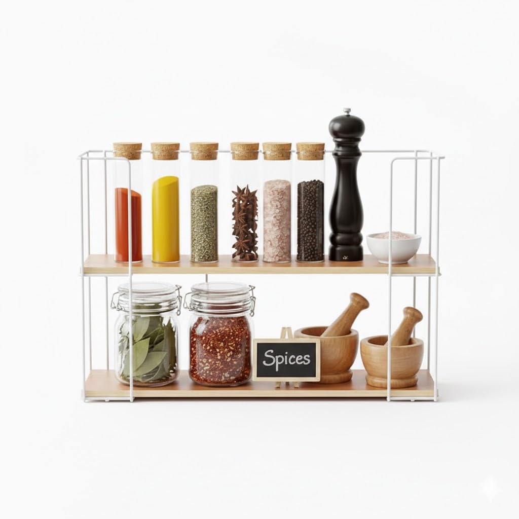 2-Tier Kitchen Organizer Rack Metal Wooden Countertop Shelf Spice Holder Coffee Station Storage Stand (WHITE)
