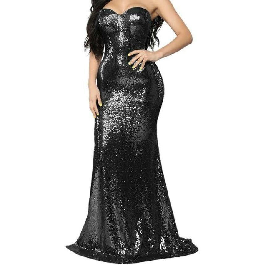Women's Black Side Split Sequin Evening Dress (XXXXL, Black)