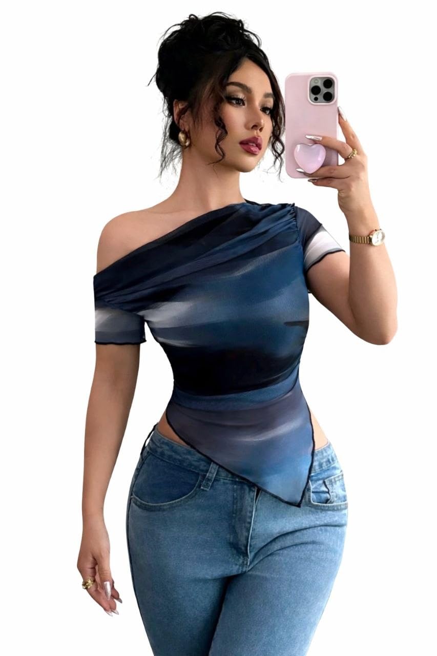 SHEIN Women's New Fashion Oblique Shoulder Short Sleeve Tie-Dye Print T-Shirt