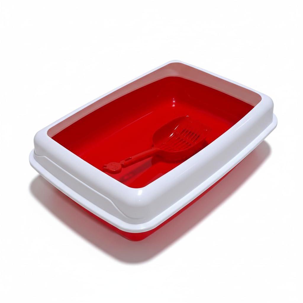 Cat Litter Box + Matching Scoop 40CM X 30 CM (Red & White, Square 40 CM X 30 CM)