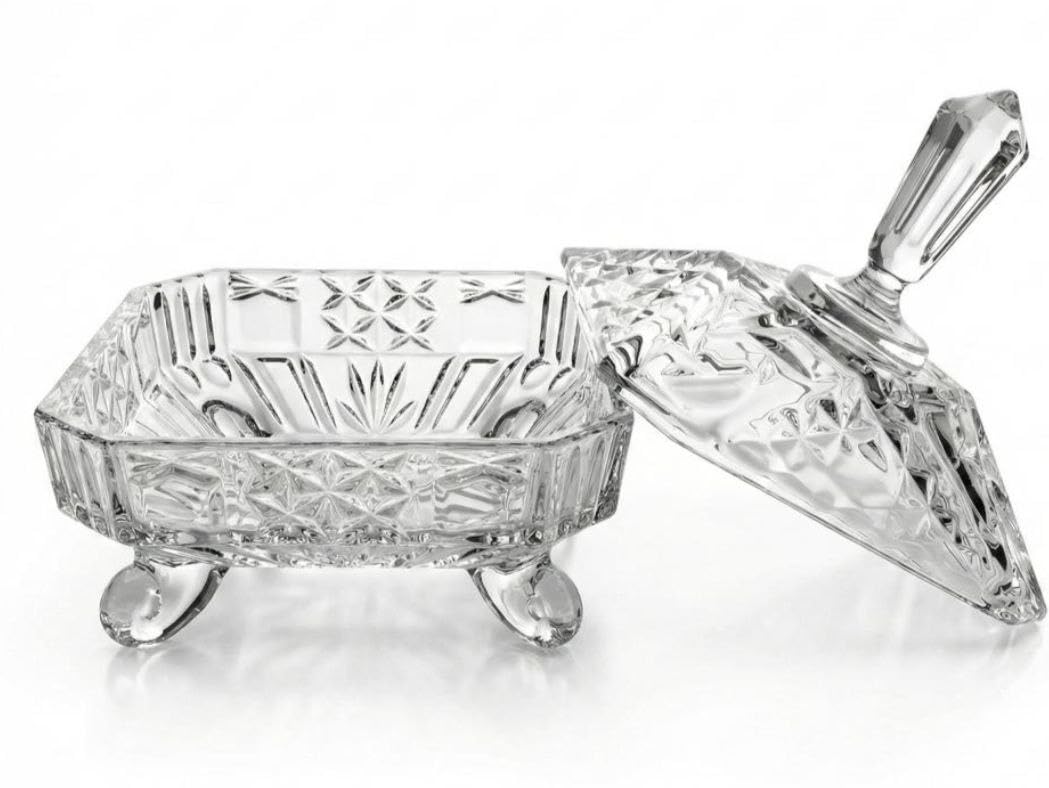Generic Square Crystal Glass Bonbonniere with Lid, Footed Dish with Decorative Cut Pattern .flo