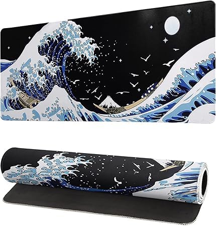 Japanese Sea Wave Gaming Mouse Pad (70 x 30cm) - Anime Gaming Mouse Mat - Non-Slip Rubber Base Black Kanagawa Mousepad Stitched Edges Keyboard Mouse Mat Desk Pad for Work & Game