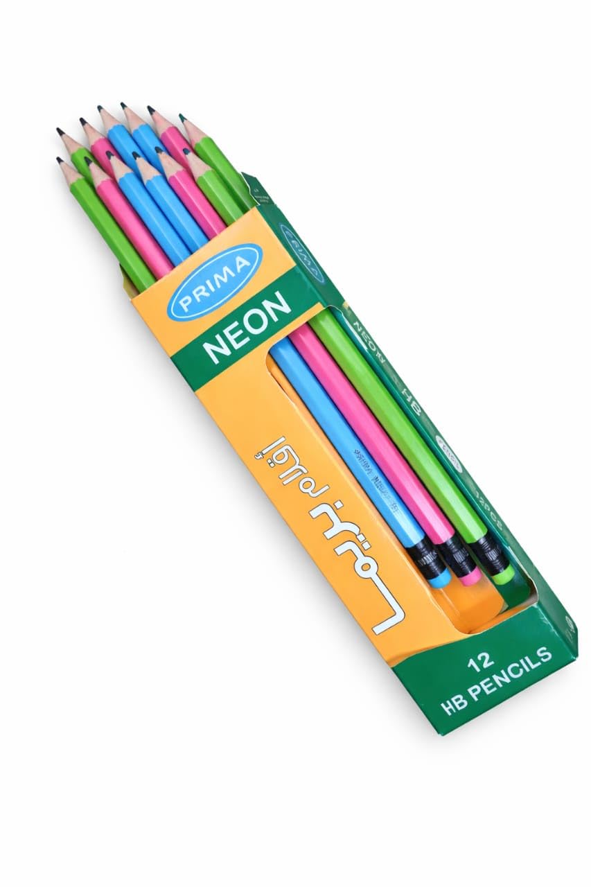 Prima Neon Pencil Box - Dozen of 12 Colored Erasers - HB - for Students, Offices and Companies