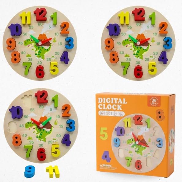 Wooden Watch Educational Toy Colorful Numbers Dinosaur, Ages 36 Months and Above,Diameter 17cm