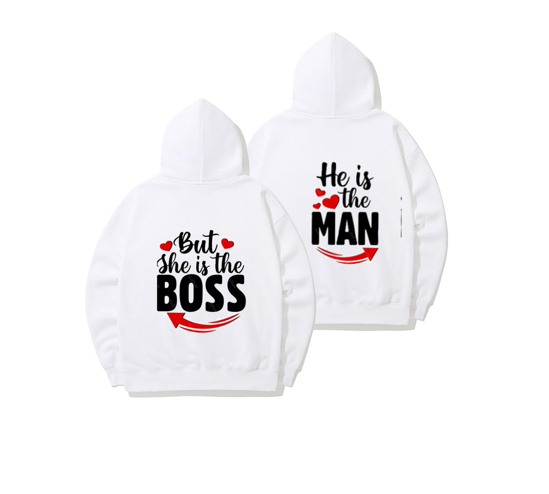 But She is the BOSS He is the MAN VaIentine coupIe Couples Hoodie White