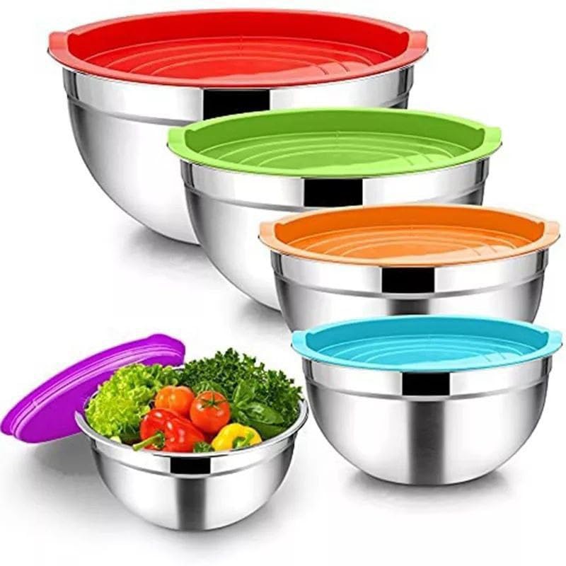 Next store 5 Piece Stainless Steel Stand Mixer Set with Airtight Plastic Lids - Multiple Sizes for Food Prep, Salads and Fruits