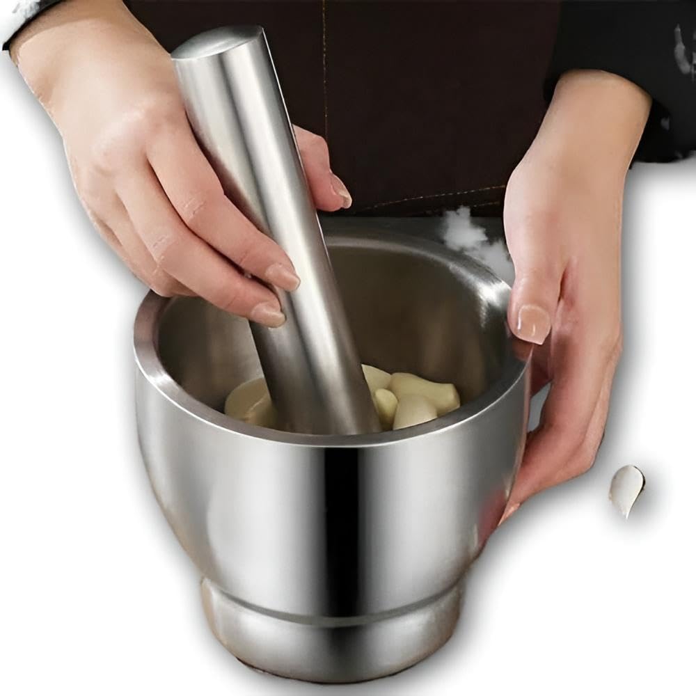 Stainless Mortar - Heavy Duty Pestle and Bowl Set with Non-Slip Base for Grinding Spices, Herbs, Garlic, Peppercorns, Cocoa, Guacamole, and Pills in Kitchen