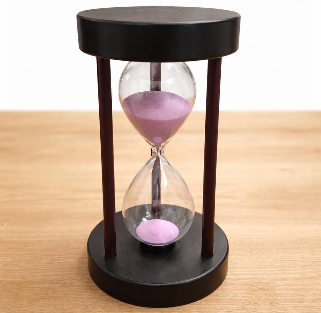 Wooden Hourglass, Violet Sand, 5 Minutes, Dark Wood Frame with Base, Home Office Decor