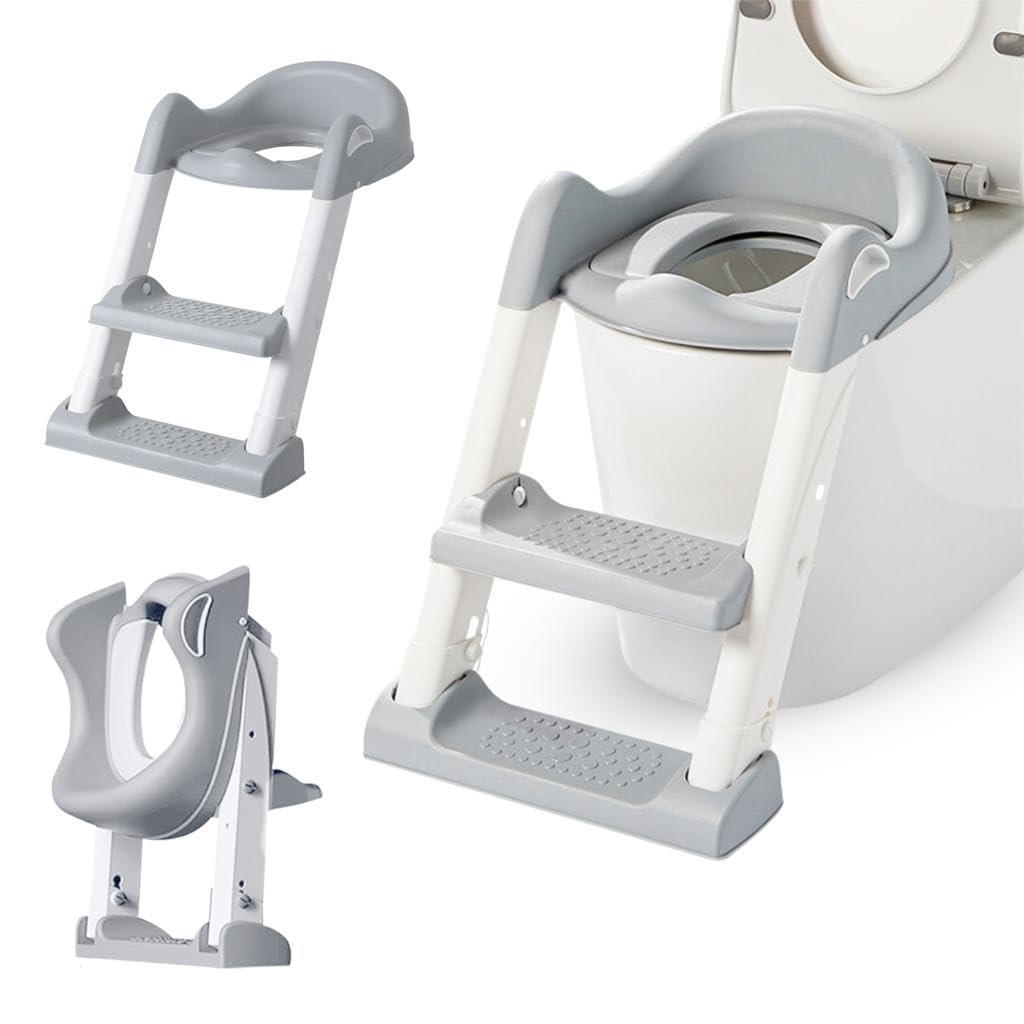 Toddler Potty Training Seat with Step Ladder | Adjustable Toilet Seats with Stool for Baby Kids Boys Girls | Splash Guard Pad Portable Travel Family Potties Chair (Grey)