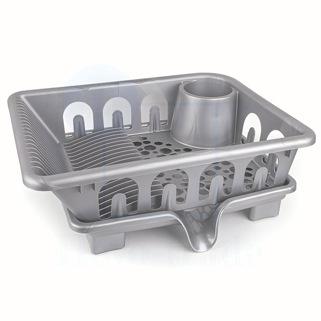 Plastic Dish Rack with Base - Sink Strainer for Kitchen - Dish Organizer Spoons and Cups (Grey)