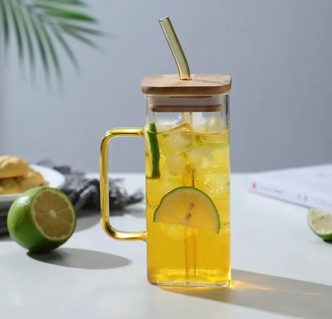 Year Pyrex 400ml Square Glass with Wood Lid and Shalmio or No Straight to Fire, Juice and Cocktails Cup Cold and Hot Beverage Cup (Brown, Wood Lid and Shlimo)