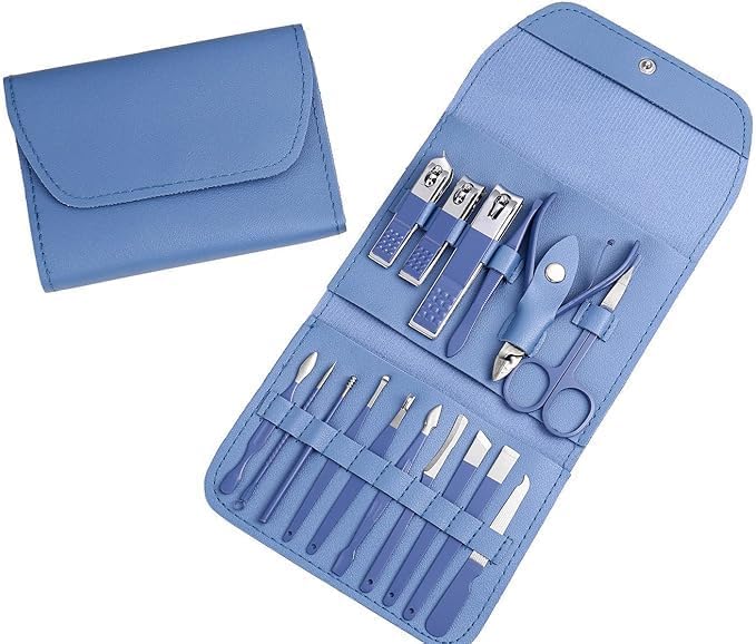 16 Pcs Professional Manicure Pedicure Set - Stainless Steel (Stainless Steel) Grooming Kit with Luxury Leather Travel Case - Suitable for Men and Women (Blue)