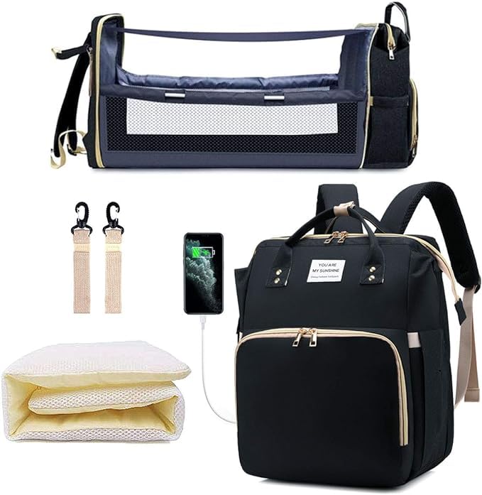 SNDAMOR Baby Diaper Changing Backpack Large Capacity Portable Travel Diaper Bag with Foldable Bed Baby Bed Backpack