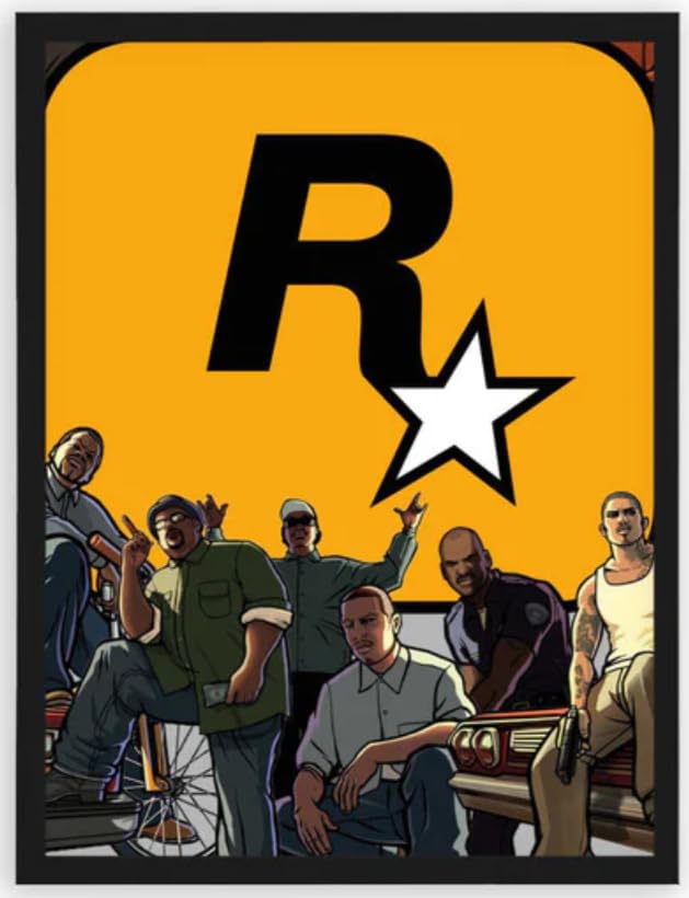 GTA Character Art Poster with Rockstar Logo - Video Game Wall Decor - Available in Black or White Frame - Multiple Sizes (White, 20x30cm)