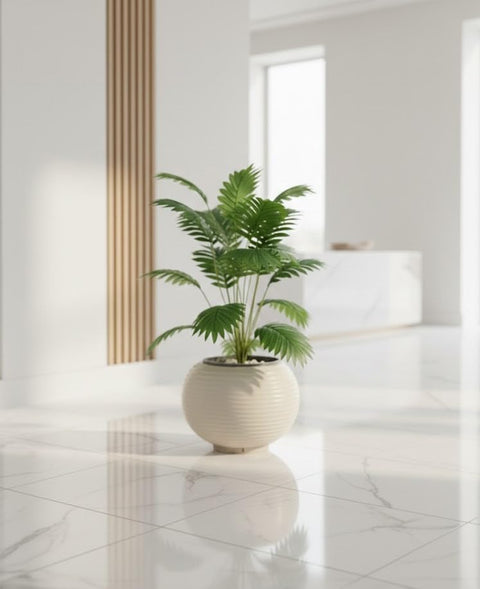 Artificial Plant Realistic Green Leaves Decorative Plant with Elegant Round Acrylic Pot for Indoor Plants for Home Office Living Room (Arika)