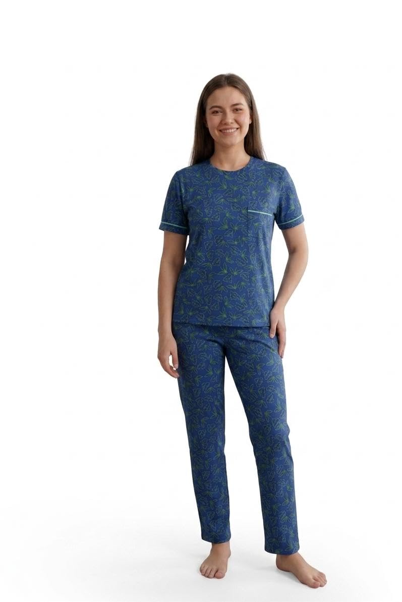 Women's Tring Summer Pajama 2 Piece Pants and T-Shirt - Patterned and Specially Designed for Comfort and Freshness with Sleep Glasses