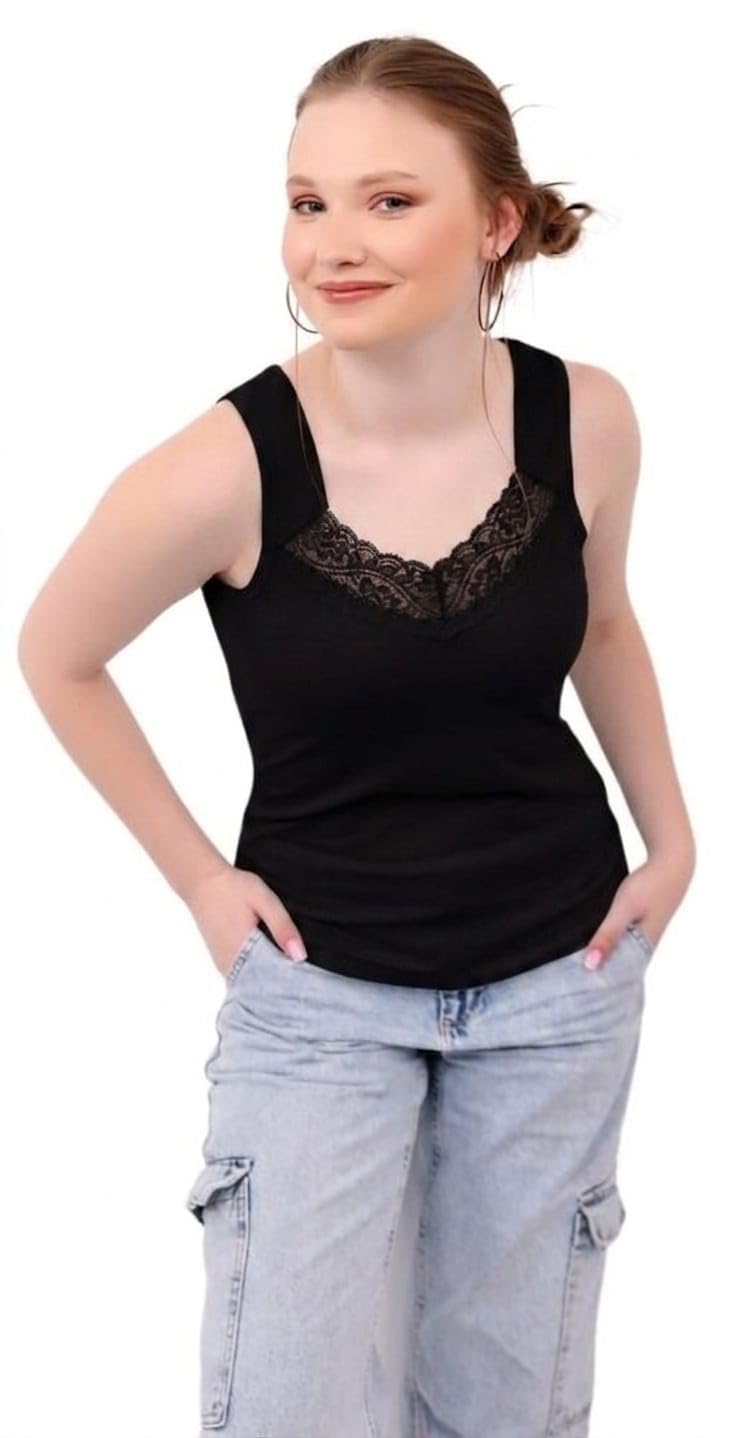 Dabbagh Women’s Cotton Lycra Sleeveless Tank Top, Lace Trim Neck Soft Basic Casual Top