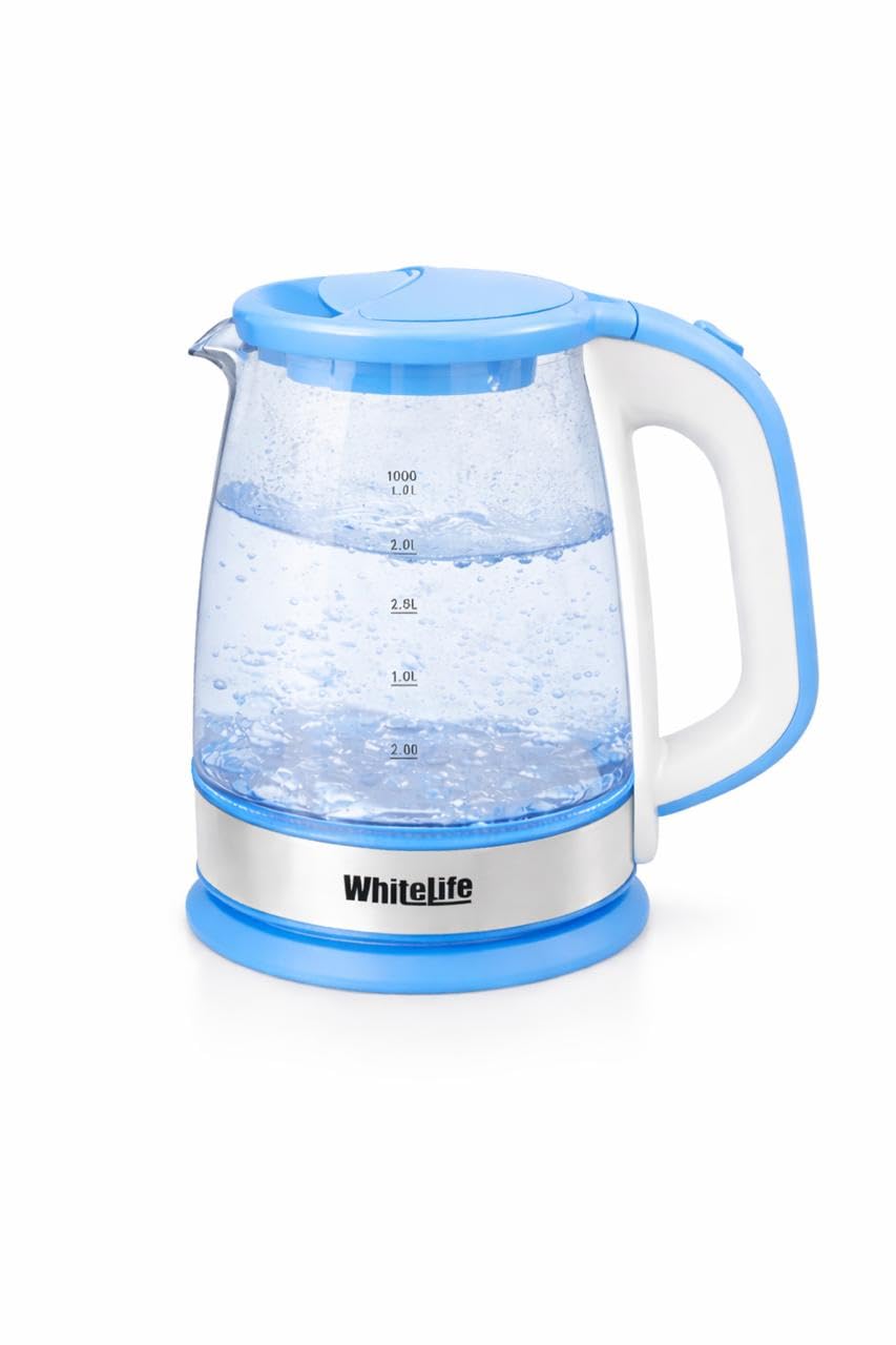 Electric Water Kettel Pyrex Glass 2.2L – 1500W Tea & Coffee Kettle with LED Light & Auto Disconnect when Boiling – Water Level Indicator – Rotating Base (Blue)