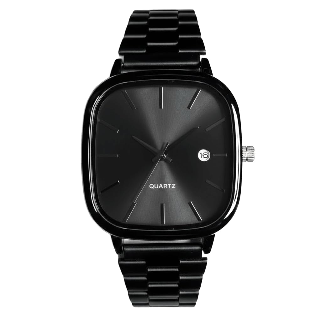 Classic Fashion Black Square Frame Quartz Wrist Watch with Metal Strap for Men Women