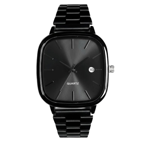 Classic Fashion Black Square Frame Quartz Wrist Watch with Metal Strap for Men Women