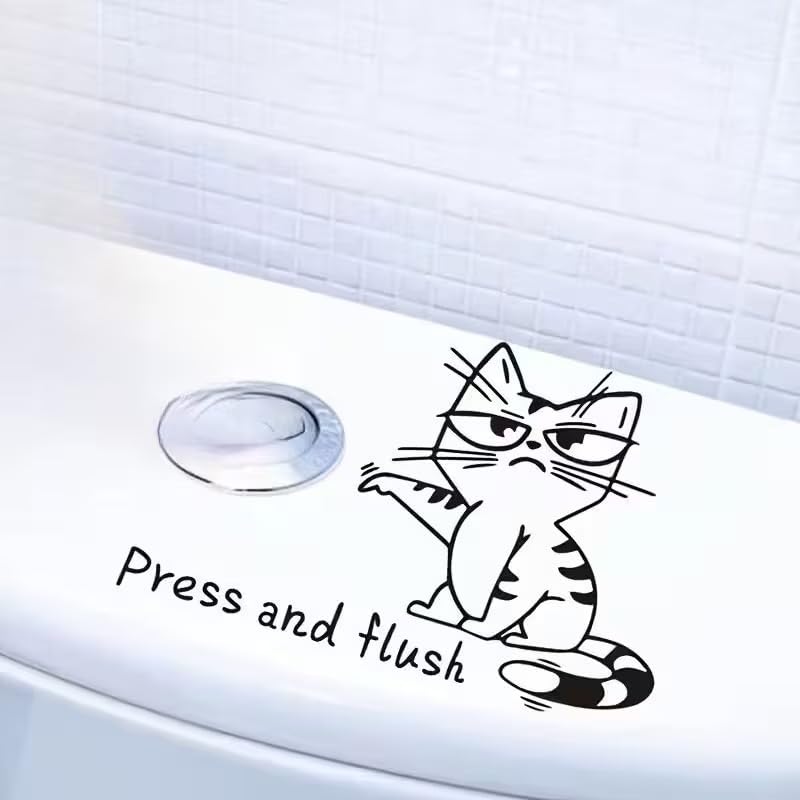 Press and Flush Black White Angry Cat Comic Bathroom Toilet Sticker