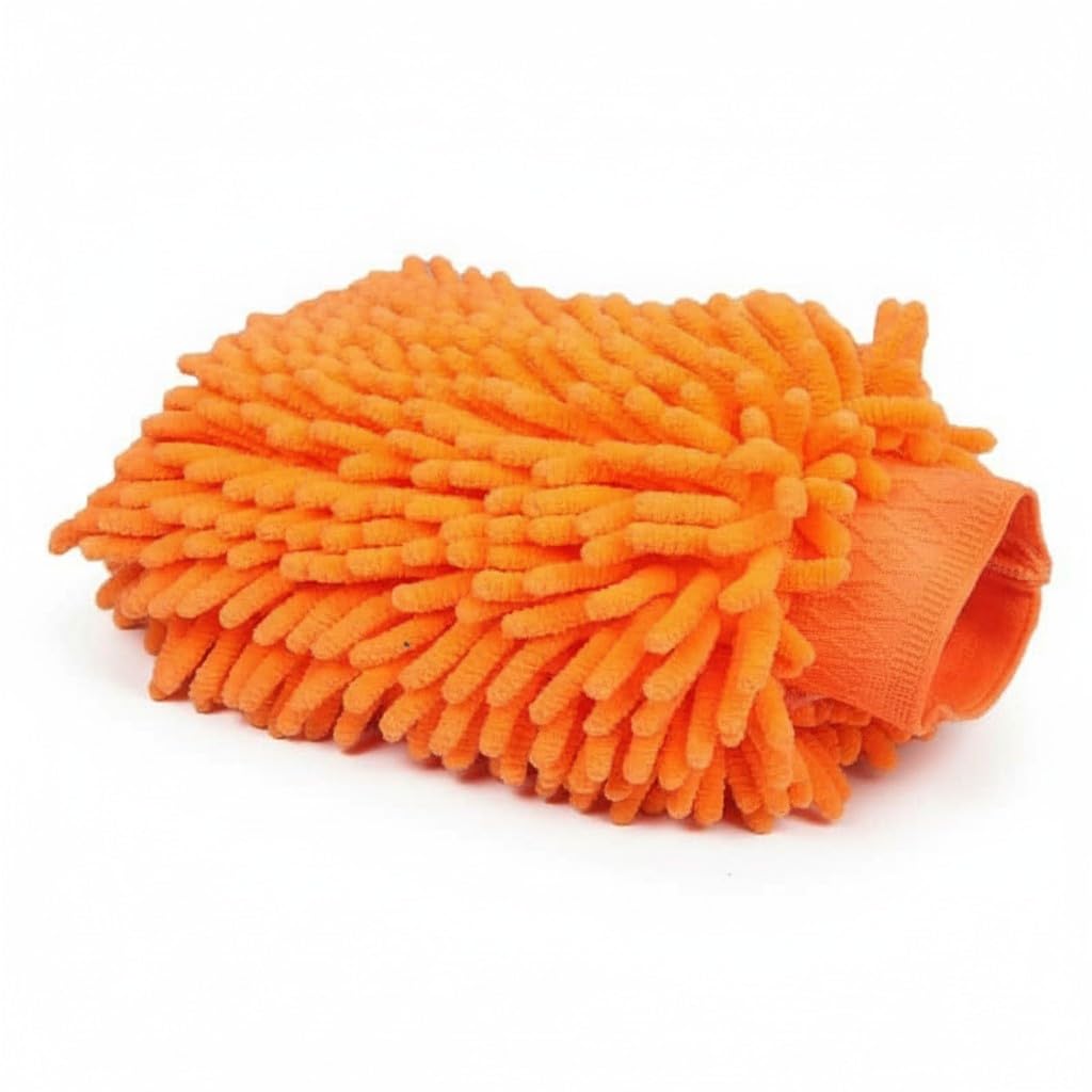 BROTHERS Double Sided Microfibre Car Wash Mitt, Orange, Chenille Cleaning Glove