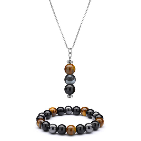 Triple Protection Bracelet Healing Crystals Necklace Tiger Eye Beads Bracelet Necklace Lava Stone Essential Oil Diffuser Bracelets for Prosperity, Good Luck, Happiness for Men Women Yoga, Stone