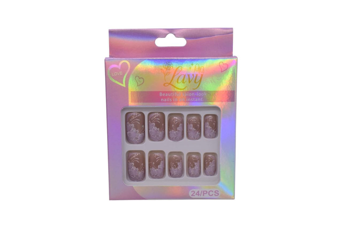 Lavy Ombre with Floral Design Press-On Mink Nails 24-Piece Set - Nude Lavender