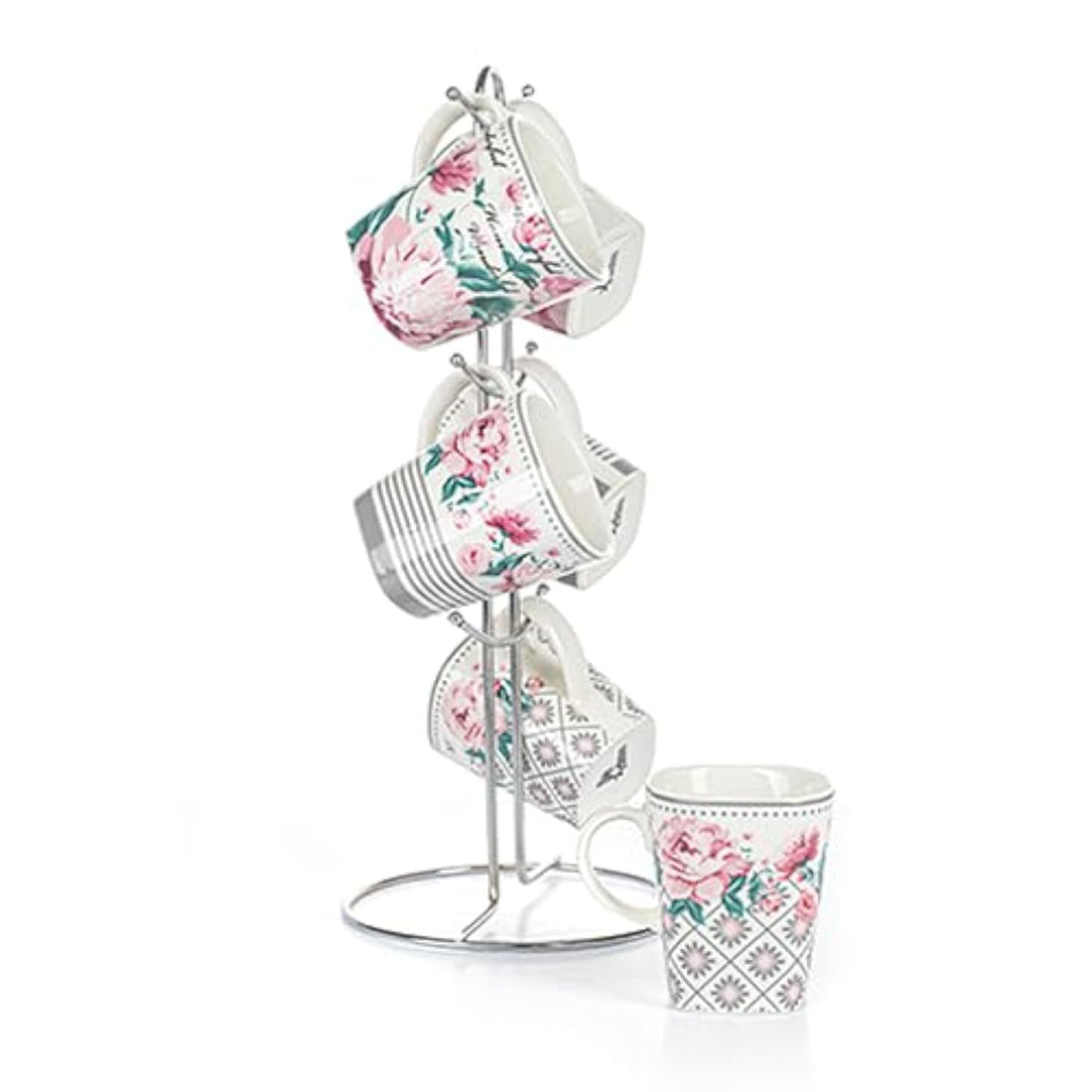Lotus 1000410 Fine Porcelain Square Tea and Coffee Mug 6 Piece Set with Stand, Multicolor (6 pie plates + 6 gateau plates + 6 bowls of soup + 6 skewers)
