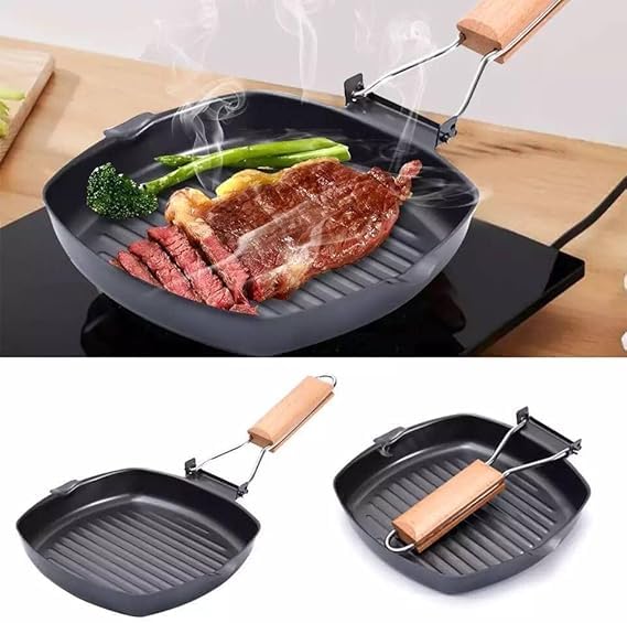 Grill Pan Large 28cm Non-Stick Grill Pan with Foldable Handle Perfect for Steak, Baking, Home Cooking or Camping Multi Use