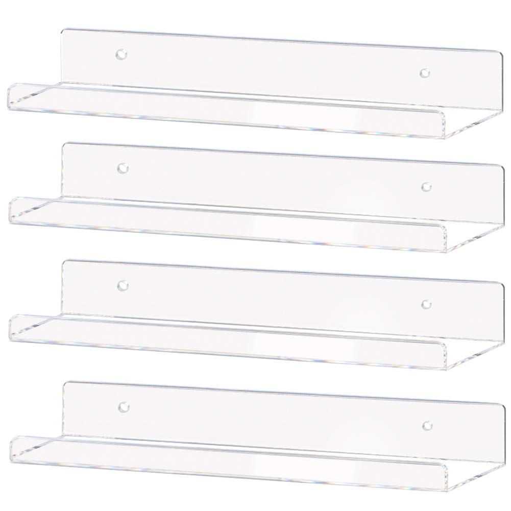 BEST MEDIA 4-Pack Transparent Acrylic Floating Wall Shelves, a 38-1 cm Invisible Ledge Bookshelf and a Wall Mounted Kids Book Display Shelf- Modern - 4-Pack - Transparent